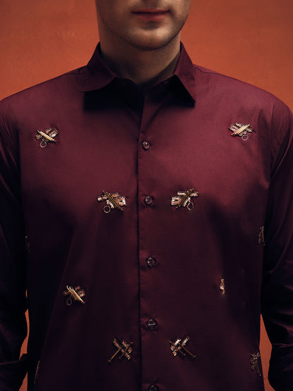 Butterfly Embroidery Maroon Shirt For Mens