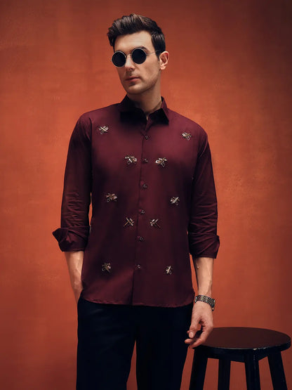 Butterfly Embroidery Maroon Shirt For Mens
