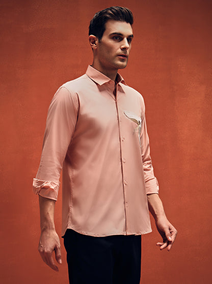 Men's Bird Handcrafted Embroidery Pink Shirt