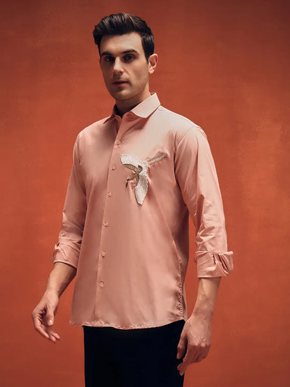 Men's Bird Handcrafted Embroidery Pink Shirt