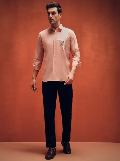Men's Bird Handcrafted Embroidery Pink Shirt