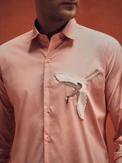 Men's Bird Handcrafted Embroidery Pink Shirt