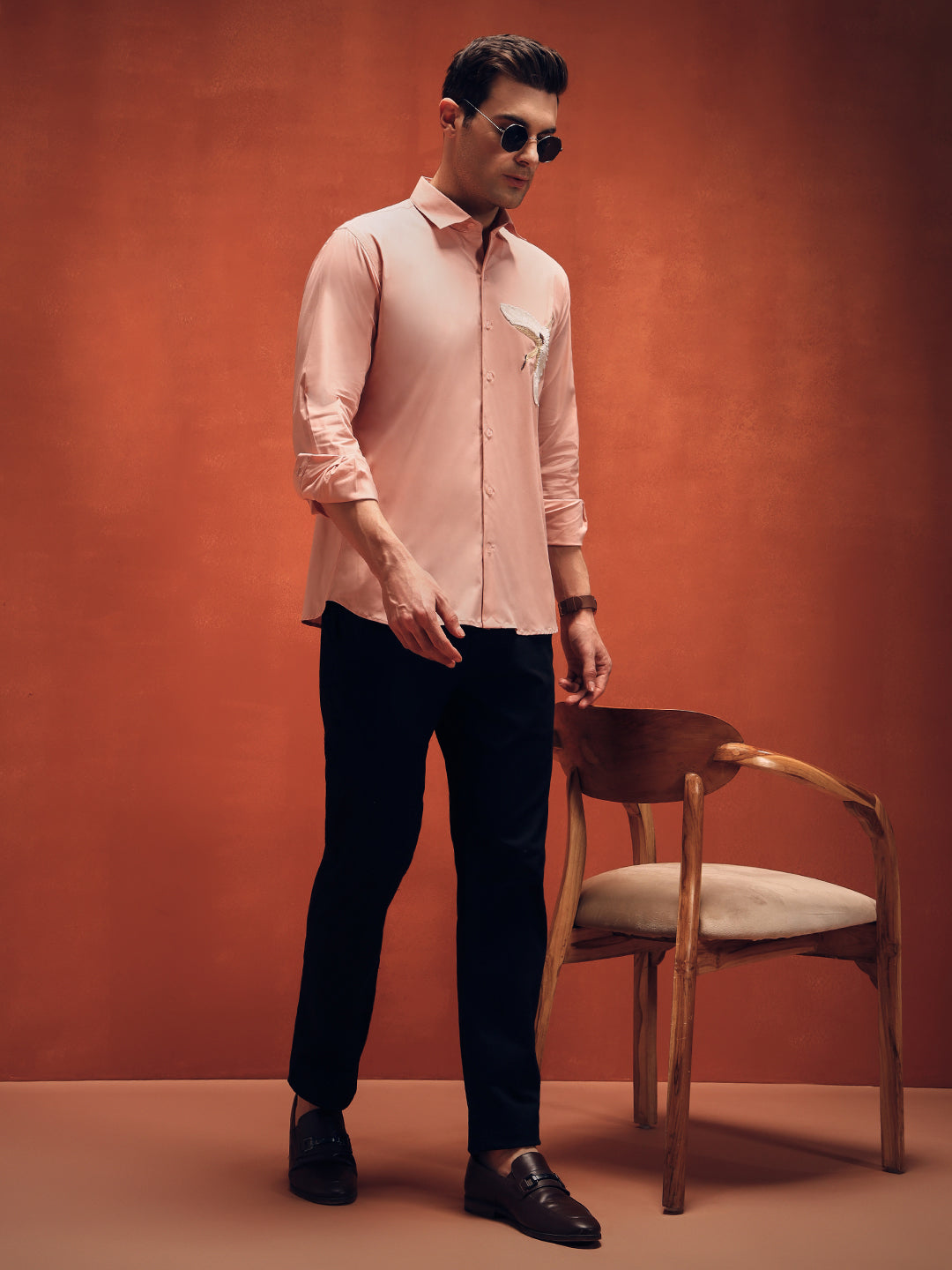 Men's Bird Handcrafted Embroidery Pink Shirt