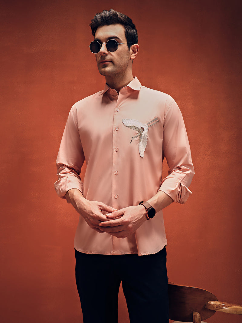 Men's Bird Handcrafted Embroidery Pink Shirt