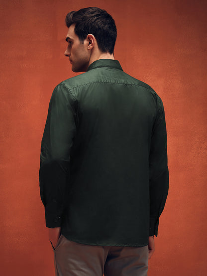 Handcrafted Embroidery Dark Green Cotton Shirt