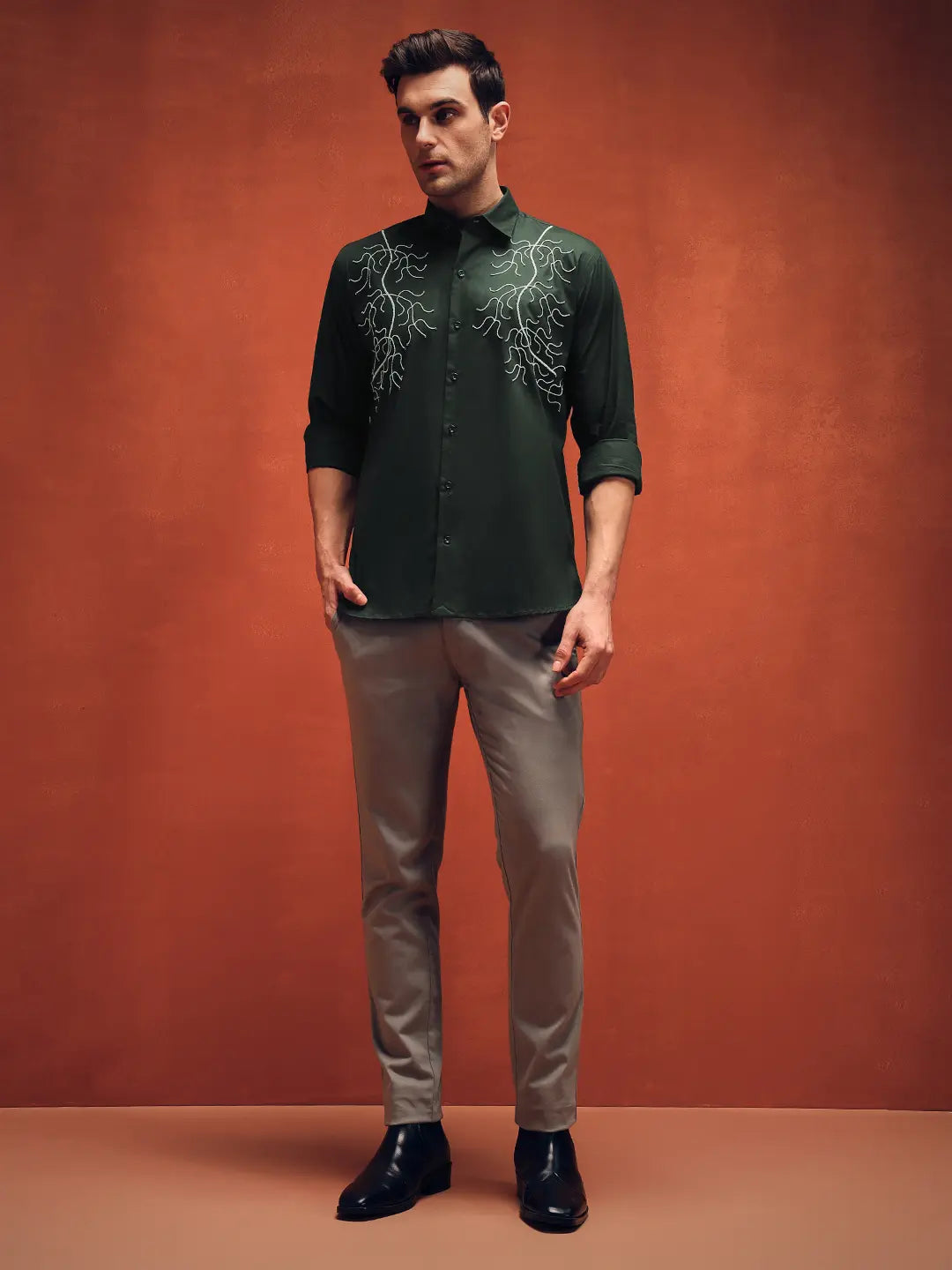 Handcrafted Embroidery Dark Green Cotton Shirt