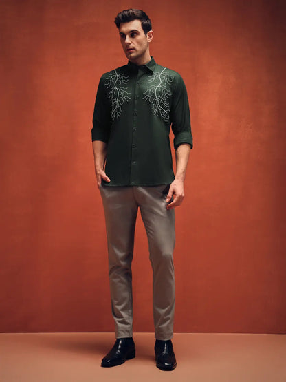 Handcrafted Embroidery Dark Green Cotton Shirt