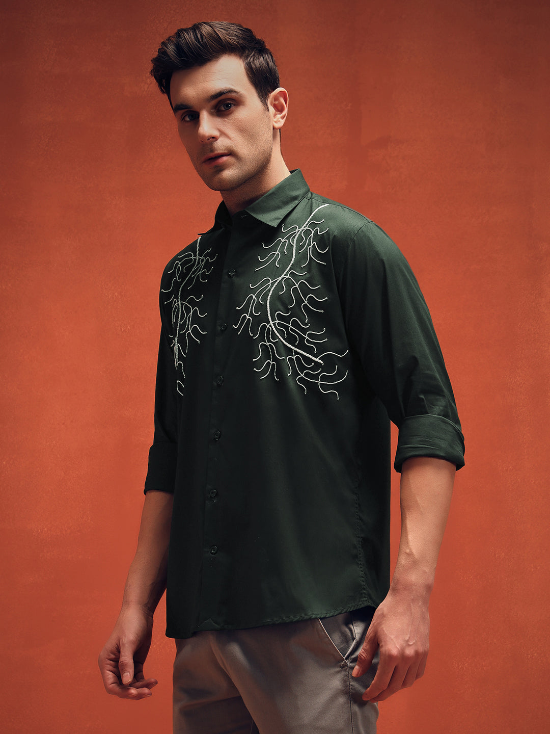 Handcrafted Embroidery Dark Green Cotton Shirt