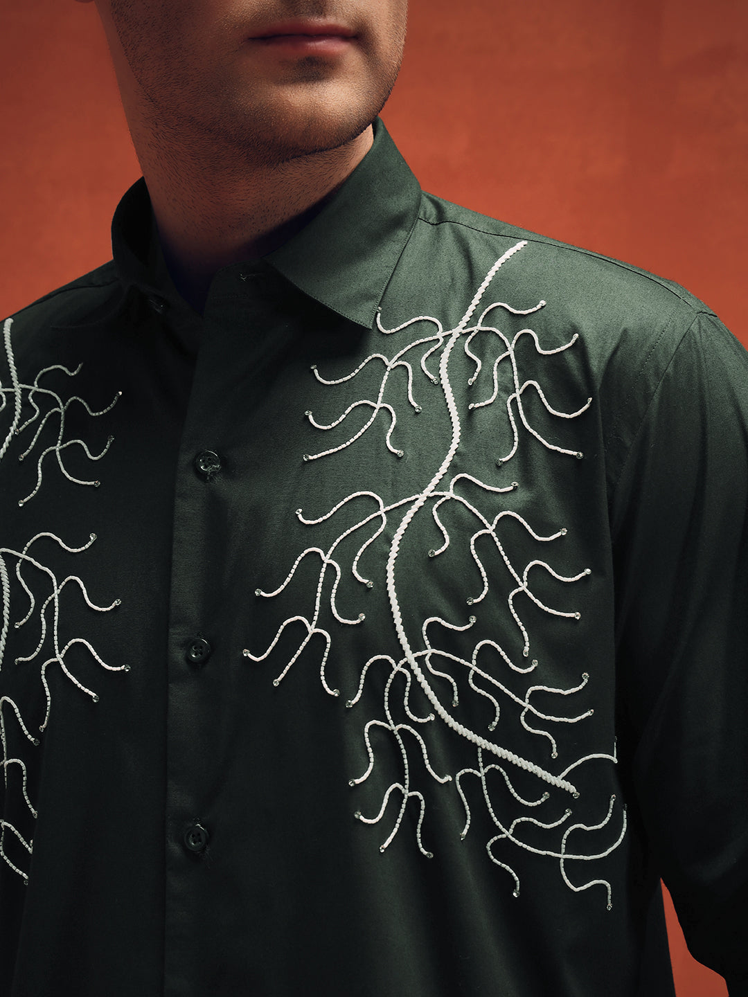 Handcrafted Embroidery Dark Green Cotton Shirt