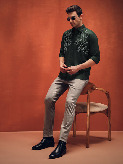 Handcrafted Embroidery Dark Green Cotton Shirt