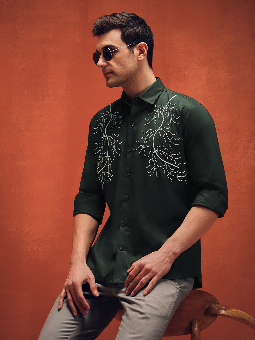 Handcrafted Embroidery Dark Green Cotton Shirt