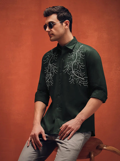 Handcrafted Embroidery Dark Green Cotton Shirt