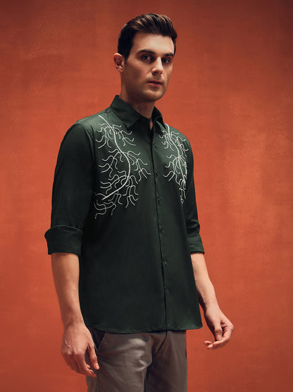Handcrafted Embroidery Dark Green Cotton Shirt
