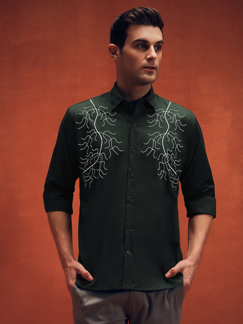 Handcrafted Embroidery Dark Green Cotton Shirt