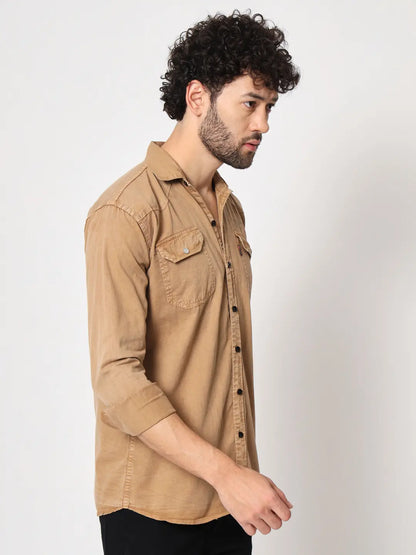 DOUBLE POCKET COTTON RFD BROWN SHIRT