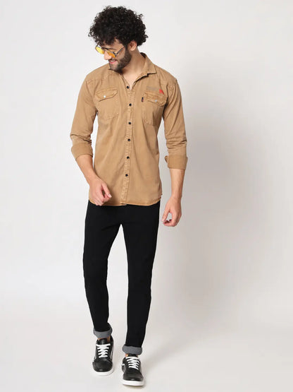 DOUBLE POCKET COTTON RFD BROWN SHIRT