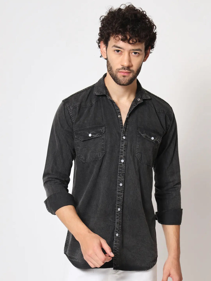 DOUBLE POCKET COTTON RFD BLACK SHIRT