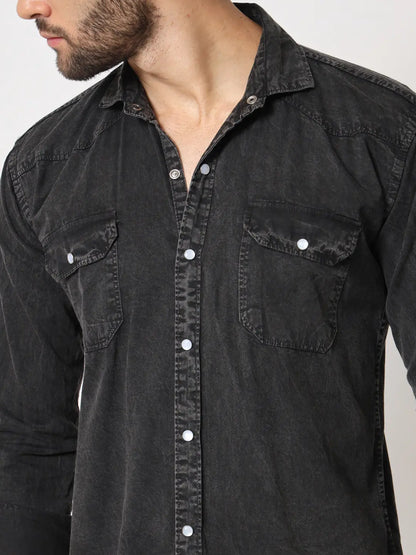 DOUBLE POCKET COTTON RFD BLACK SHIRT
