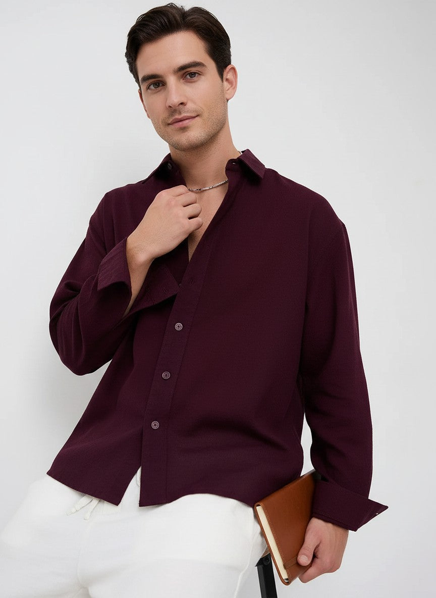 Men Weave Crop Boxy Fit Wine Shirt