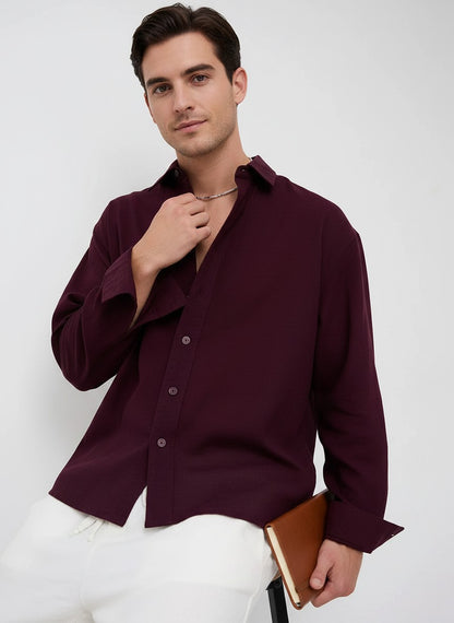Men Weave Crop Boxy Fit Wine Shirt