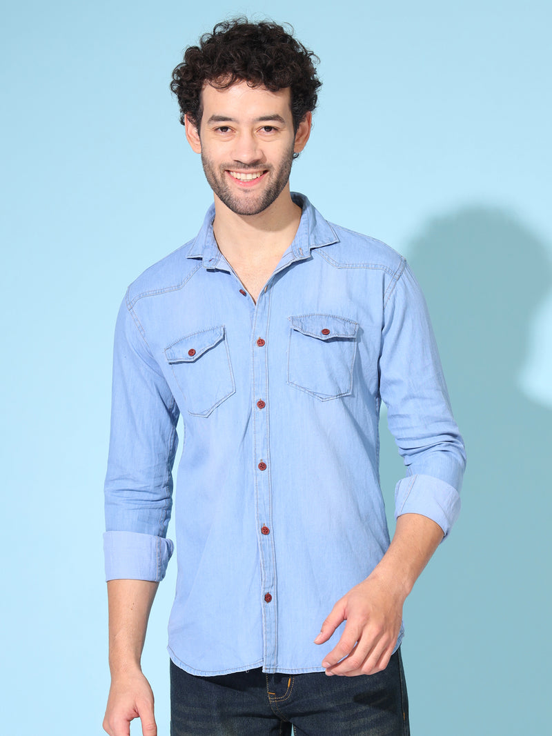 DOUBLE FLAP POCKET SPREAD COLLAR LIGHT BLUE DENIM SHIRT