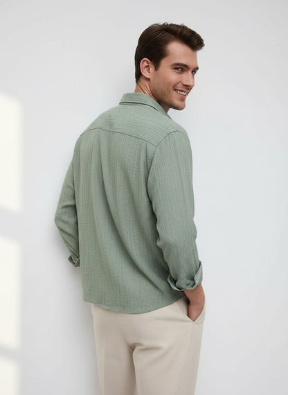 Men Textured Boxy Fit Crop Mint Green Shirt