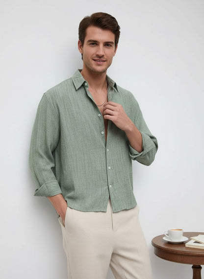 Men Textured Boxy Fit Crop Mint Green Shirt