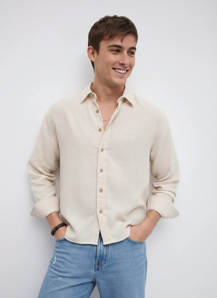 Men Linen Blend Boxy Fit Crop Beige Shirt
