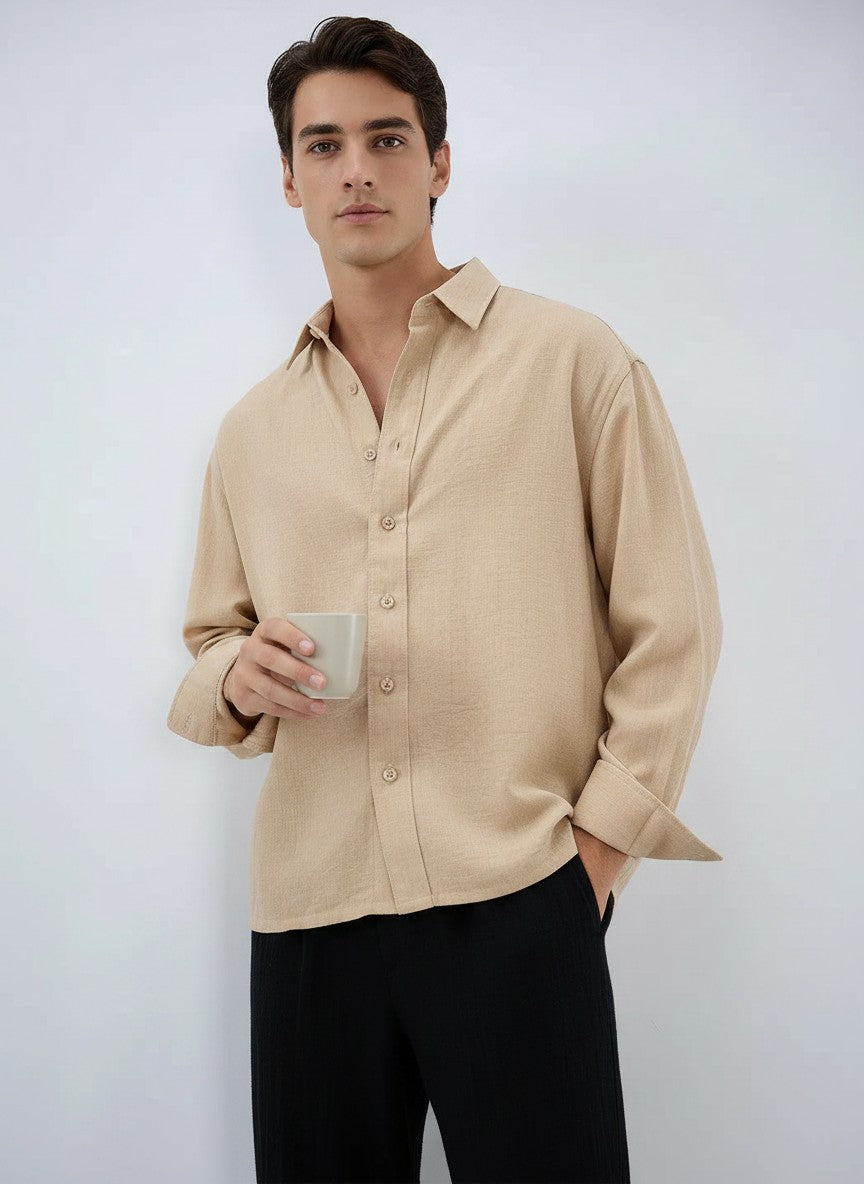 Men Textured Boxy Fit Crop Beige Shirt