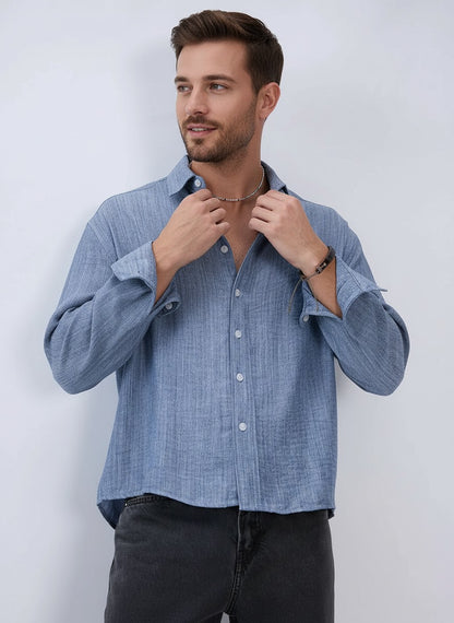 Men Textured Boxy Fit Crop Slate Blue Shirt