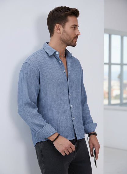 Men Textured Boxy Fit Crop Slate Blue Shirt