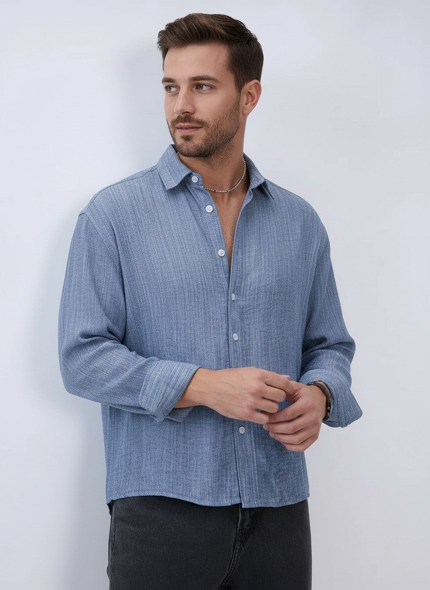Men Textured Boxy Fit Crop Slate Blue Shirt