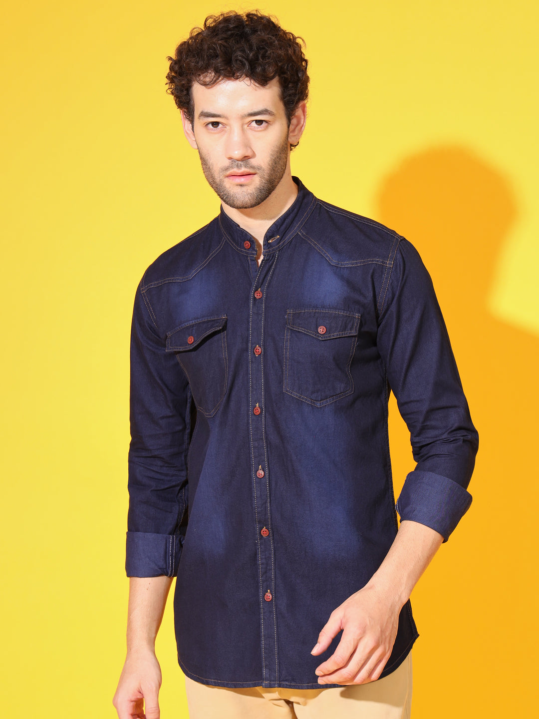 SILK DOUBLE POCKET CHINESE COLLAR BLUE DENIM SHIRT