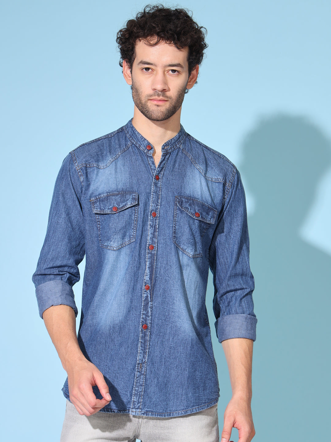 SILK DOUBLE POCKET CHINESE COLLAR ACID BLUE DENIM SHIRT