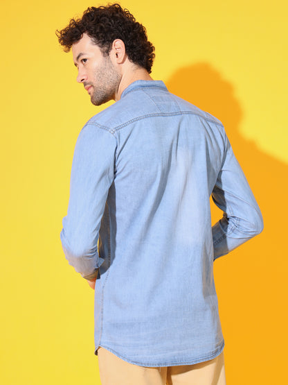 SILK DOUBLE POCKET CHINESE COLLAR LIGHT BLUE DENIM SHIRT