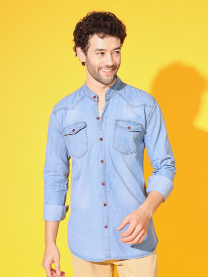 SILK DOUBLE POCKET CHINESE COLLAR LIGHT BLUE DENIM SHIRT