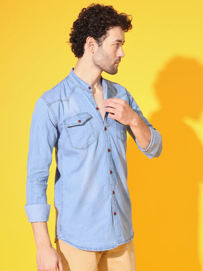 SILK DOUBLE POCKET CHINESE COLLAR LIGHT BLUE DENIM SHIRT