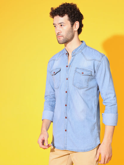 SILK DOUBLE POCKET CHINESE COLLAR LIGHT BLUE DENIM SHIRT