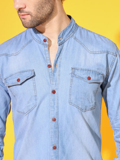 SILK DOUBLE POCKET CHINESE COLLAR LIGHT BLUE DENIM SHIRT