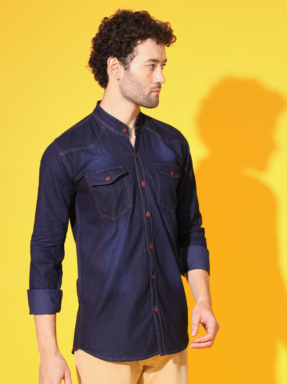 SILK DOUBLE POCKET CHINESE COLLAR BLUE DENIM SHIRT