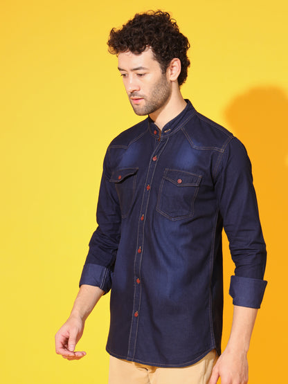 SILK DOUBLE POCKET CHINESE COLLAR BLUE DENIM SHIRT