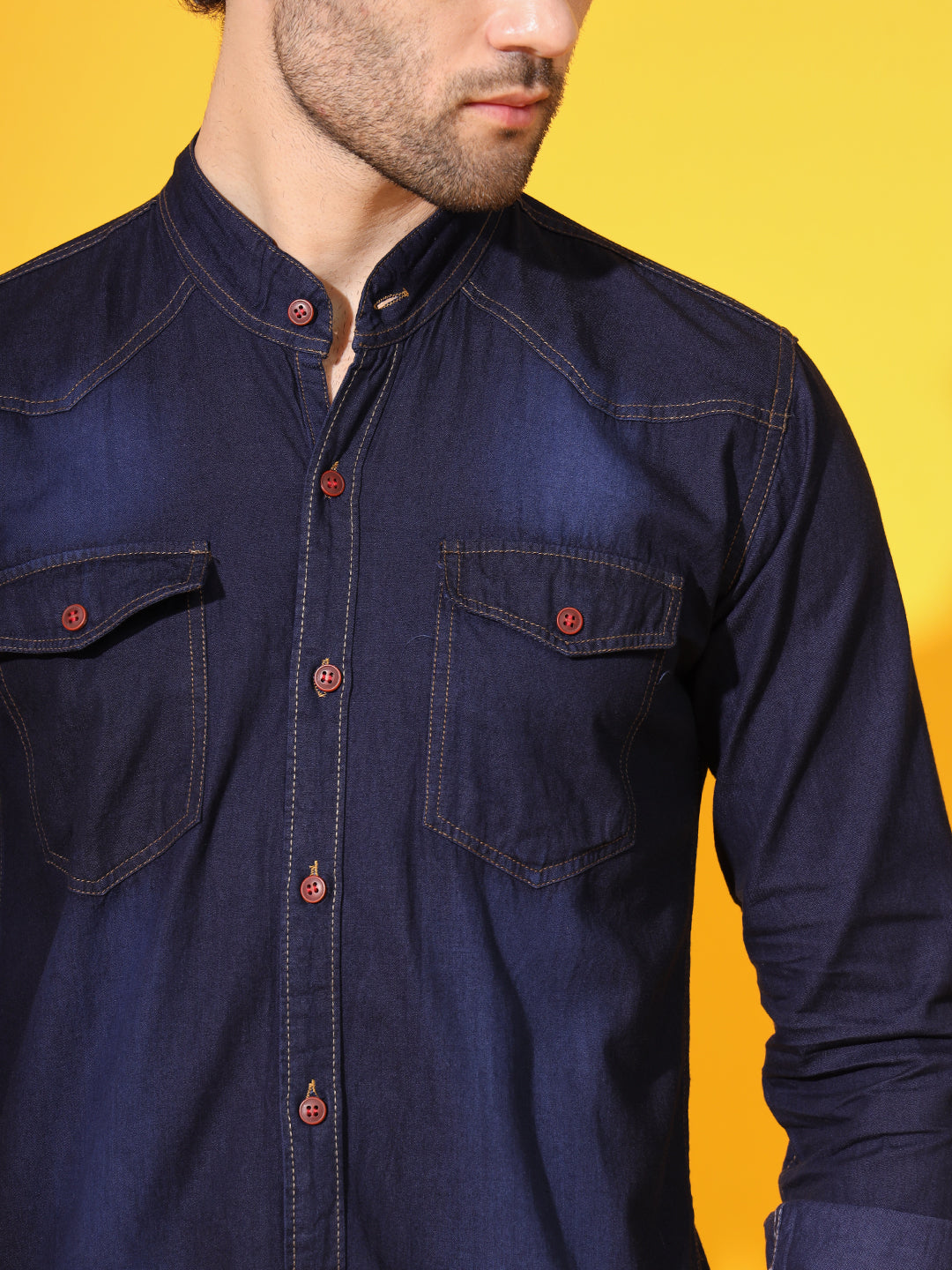 SILK DOUBLE POCKET CHINESE COLLAR BLUE DENIM SHIRT