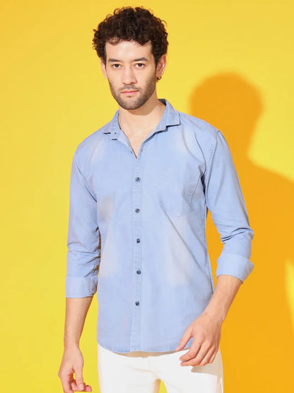 SINGLE POCKET LIGHT BLUE WASHED SILKY DENIM SHIRT