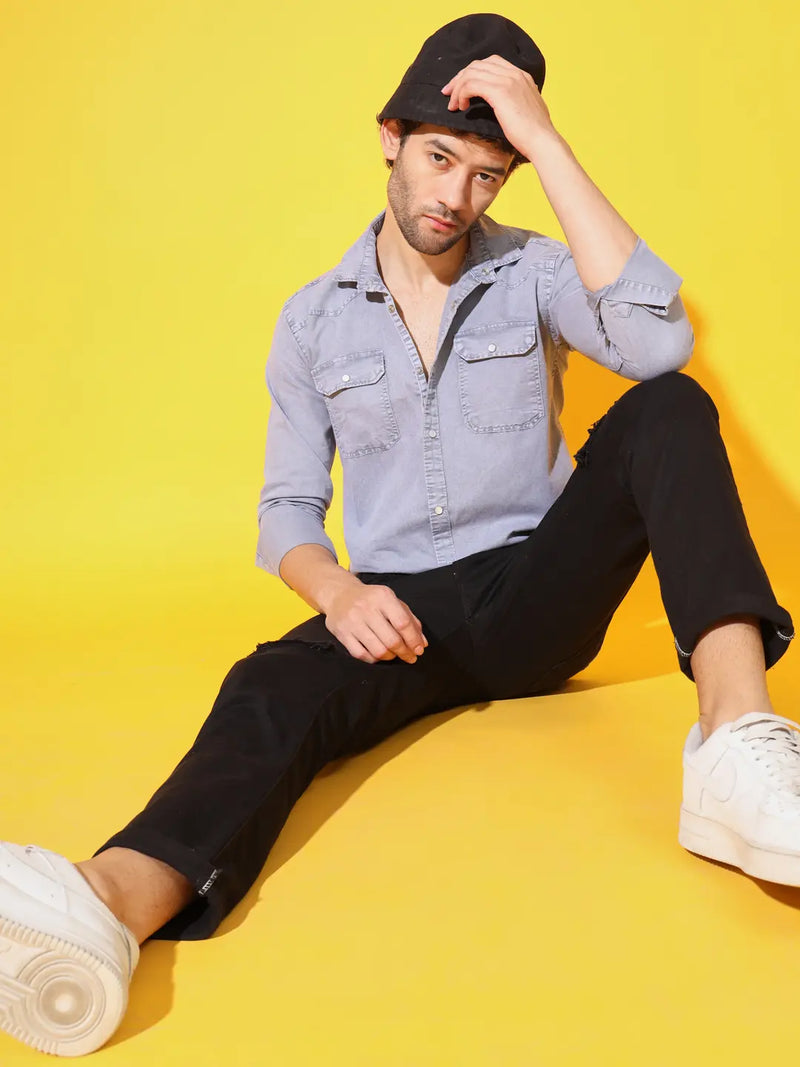 POPULAR DOUBLE POCKET SIMPLE RFD LIGHT GREY SHIRT