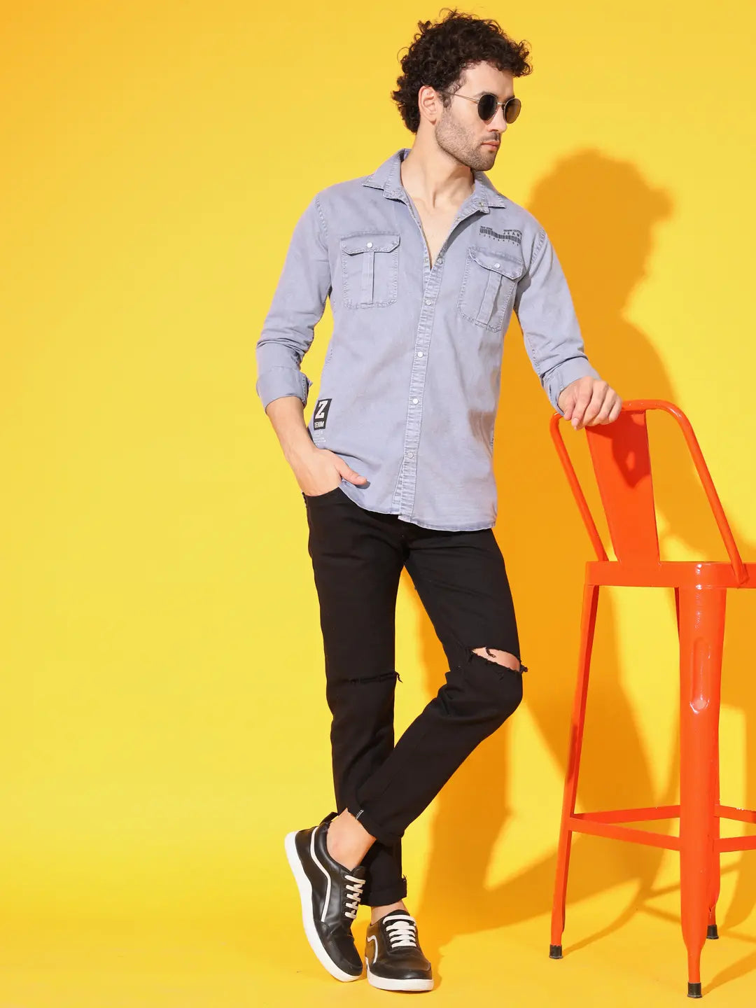 STYLISH DOUBLE POCKET PRINTED RFD LIGHT GREY SHIRT