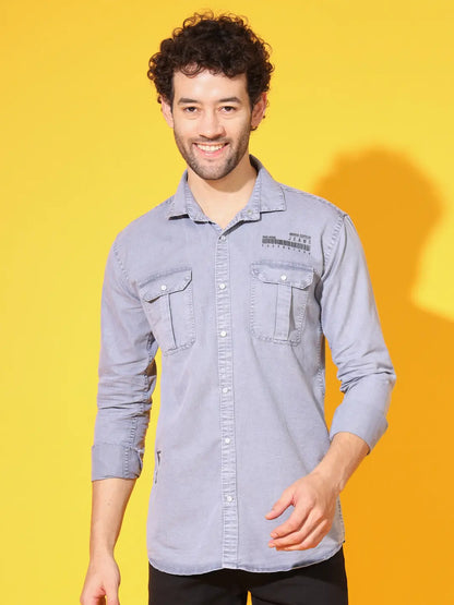 STYLISH DOUBLE POCKET PRINTED RFD LIGHT GREY SHIRT