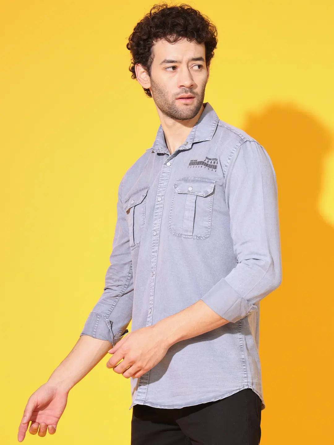 STYLISH DOUBLE POCKET PRINTED RFD LIGHT GREY SHIRT