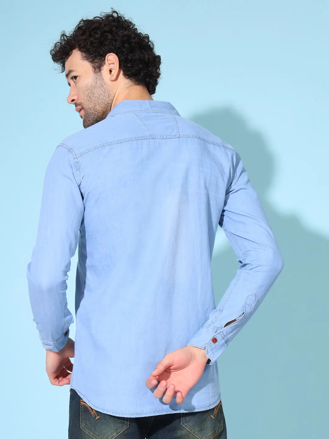 DOUBLE FLAP POCKET SPREAD COLLAR LIGHT BLUE DENIM SHIRT