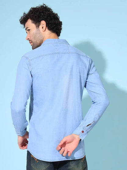 DOUBLE FLAP POCKET SPREAD COLLAR LIGHT BLUE DENIM SHIRT