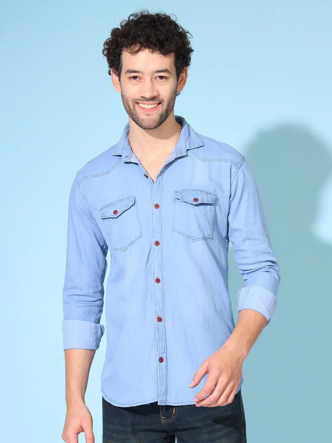 DOUBLE FLAP POCKET SPREAD COLLAR LIGHT BLUE DENIM SHIRT